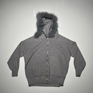 Light Heather Grey Short Zip Up Jacket with Fur Hood Womens Size M